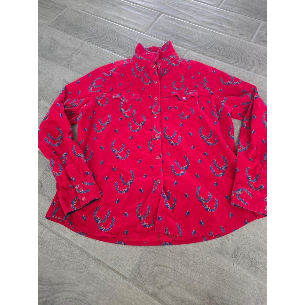 Wrangler Women Red Corduroy Horseshoe Print Western Pearl Snap Front Shirt Large
